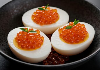 Hard boiled eggs topped with salmon caviar in a bowl