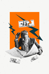 Image zine trend photo collage of astonished old businessman read newspaper arrow decline inflation...