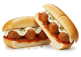 Meatball sandwich with tomato sauce and mozzarella isolated on white background