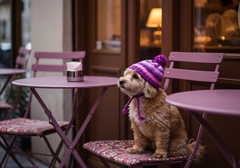 Small dog wearing a striped hat sits on a chair at an outdoor cafe