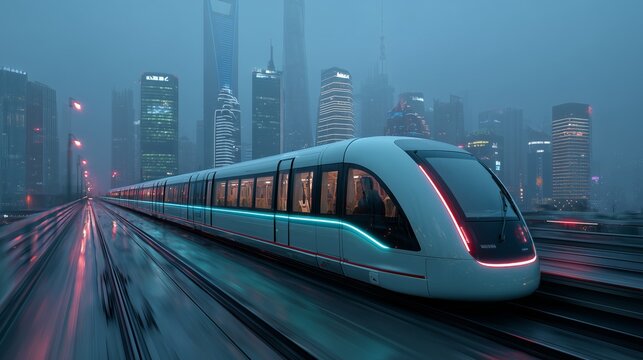 shanghai maglev train levitating at high speed through neon cyberpunk cityscape - Powered by Adobe