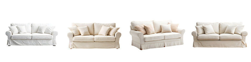 Fototapeta premium White Sofa Set with Pillows: Elegant Couch Furniture on White