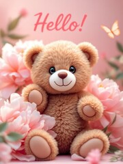 Teddy bear surrounded by pink flowers with a butterfly and the word hello in pink text above it