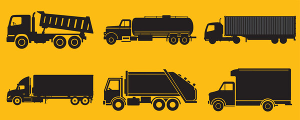 Collection of silhouetted trucks including dump truck tanker container garbage and box trucks. Commercial Trucks on Yellow Background