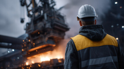 Inside a massive, dimly lit industrial factory hall, a lone worker in a hard hat  Generative AI	
