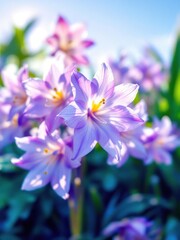 Close up shot of a cluster of purple flowers with yellow centers and green leaves against a blue sky