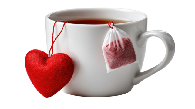 Love-Infused Tea: A close-up shot captures a simple, elegant white mug, embraced by a delicate heart, intertwined with the essence of tea, embodying warmth and affection.