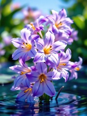 Close up of purple flowers with yellow centers reflected in water on a bright and sunny day outdoors
