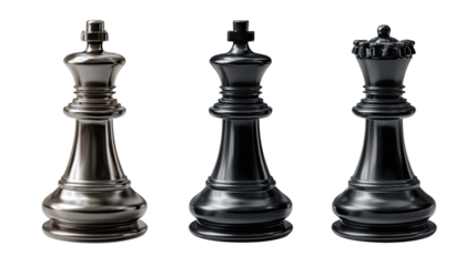 Chess Power Trio: King, Queen, and Authority of Chess, a power trio of chess pieces stands ready for strategic battle, their elegant forms promising intelligence.
