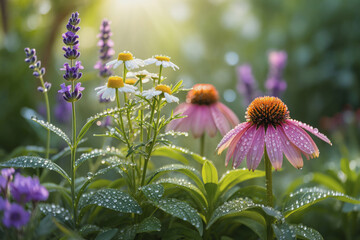 A garden landscape with blooming flowers and morning dew, conveying the essence of spring in an outdoor setting. Generative AI