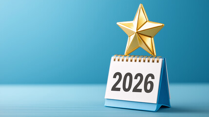 2026 Excellence and Achievement Goals Concept, Golden Star Trophy with Calendar, New Year Success Planning Visualization, Award-Winning Performance Objectives on Blue Background