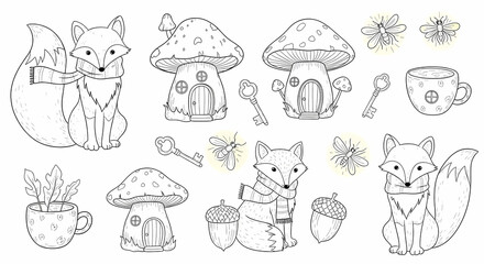 Set of hand drawn whimsical illustrations of woodland creatures and magical items. Doodle drawings of foxes with scarves, toadstool houses, acorn cups, tiny keys, and glowing fireflies. Storybook line