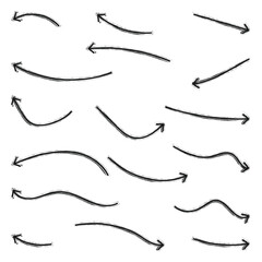 Crayon arrow sketches collection, hand drawn doodle style pointers, curved lines, round swirls. Chaotic scribbling, artistic design elements set. 