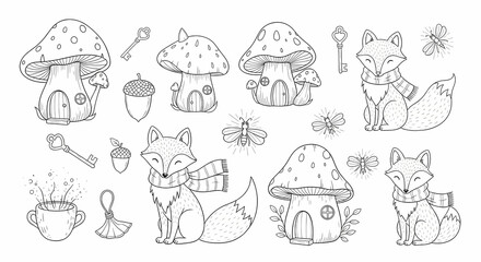 Obraz premium Set of hand drawn whimsical illustrations of woodland creatures and magical items. Doodle drawings of foxes with scarves, toadstool houses, acorn cups, tiny keys, and glowing fireflies. Storybook line
