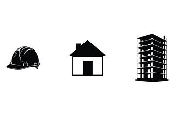 Simple black and white construction icons for design elements. Three black silhouette icons on a white background: a hard hat, a house, and a skyscraper under construction.