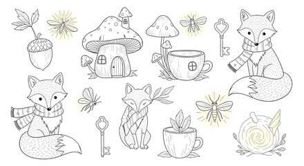 Set of hand drawn whimsical illustrations of woodland creatures and magical items. Doodle drawings of foxes with scarves, toadstool houses, acorn cups, tiny keys, and glowing fireflies. Storybook line