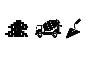 Construction Icons: Brickwork, Concrete Mixer, and Trowel. three simple, black silhouette icons representing essential construction elements: a partially built brick wall, a concrete