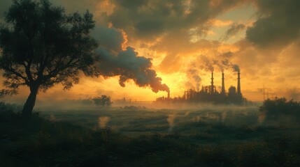 Naklejka premium Sunrise over industrial landscape with factories emitting smoke and a lone tree in the foreground shrouded in mist
