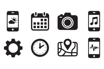 Naklejka premium Essential Mobile App Icons Weather, Calendar, Camera, Music, Settings, Clock, Map, and Health