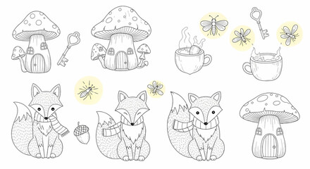 Set of hand drawn whimsical illustrations of woodland creatures and magical items. Doodle drawings of foxes with scarves, toadstool houses, acorn cups, tiny keys, and glowing fireflies. Storybook line
