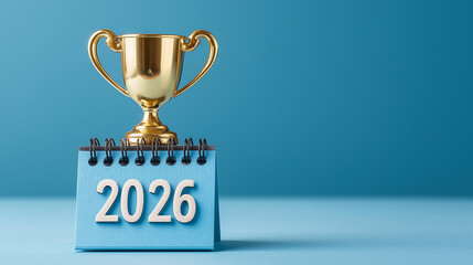 2026 Championship Goals Concept, Golden Trophy with Blue Calendar, Annual Victory Planning Visualization, Business Success Objectives for New Year, Award Achievement Target