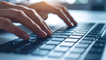 Typing on Keyboard: Close-up of hands typing on a modern laptop keyboard, emphasizing productivity and technological interaction in a professional environment. 