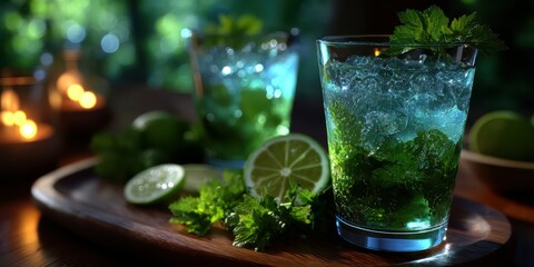 Refreshing mint cocktails on a wooden tray with lime slices and candles in a cozy setting during evening