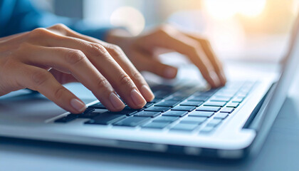 Fingers on Laptop Keyboard: Focused shot of hand using laptop keyboard with light reflecting from keyboard, perfect for illustrating the speed of digital communication.