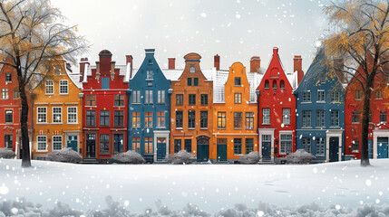 European colorful houses along winter snowy street, minimalist style flat art design landscape