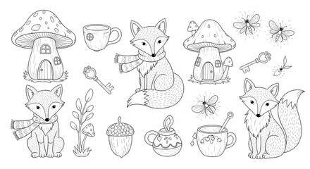 Set of hand drawn whimsical illustrations of woodland creatures and magical items. Doodle drawings of foxes with scarves, toadstool houses, acorn cups, tiny keys, and glowing fireflies. Storybook line