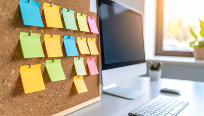 Colorful Notes on a Workspace: A close-up shot featuring a corkboard with multiple colorful sticky notes, next to a computer setup on a desk, inviting you into a space of organization, brainstorming.