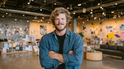The founder of a tech start-up is captured in a photograph that conveys a sense of casual professionalism, with the innovative workspace and natural daylight serving as a fitting background