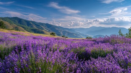 Obraz premium Serene Lavender Field in Mountain Landscape Stunning Purple Flowers and Rolling Hills under a Blue Sky