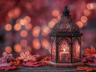 Obraz premium A bed of autumn leaves supports a vintage lantern, which casts a warm glow on the surrounding trees, illuminated in vibrant shades of red and gold