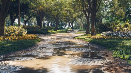 a path through the park with muddy waters in motion, filling deep puddles that hide the ruts of dryer weeather