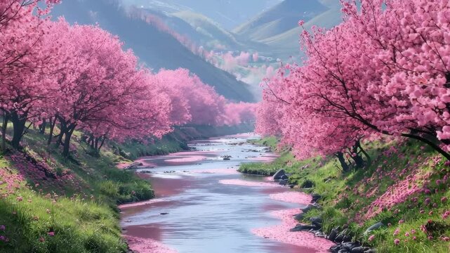 Tranquil river bordered by cherry blossom trees in a serene valley