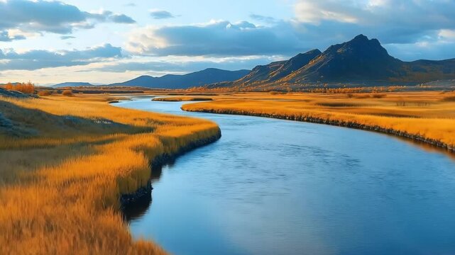 Serene river winding through a golden valley landscape
