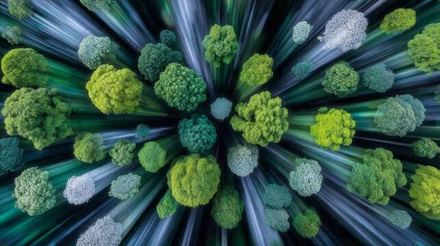 Dense treetops of a lush green forest allow sunlight to stream through