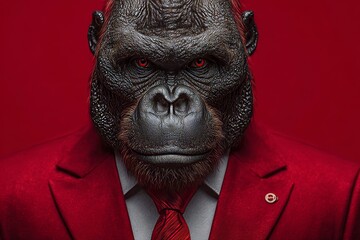 An anthropomorphic orangutan wearing a businessman's suit is a stock representation of a business concept, enhanced with human-like characteristics