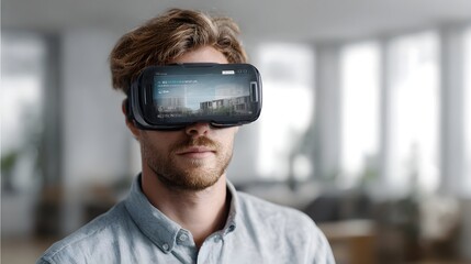 Man using virtual reality headset to view 3D property walkthrough with loan status overlay