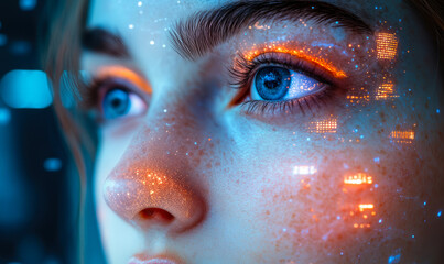 Close-up of woman's face with blue eyes and digital orange light data overlay representing futuristic technology and artificial intelligence interaction concept in beauty and skincare industry