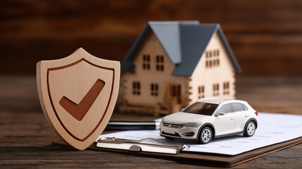 Property and Auto Insurance Protection Concept, Wooden Shield with Home and Car Models, Asset Security Visualization, Comprehensive Coverage for Valuable Possessions