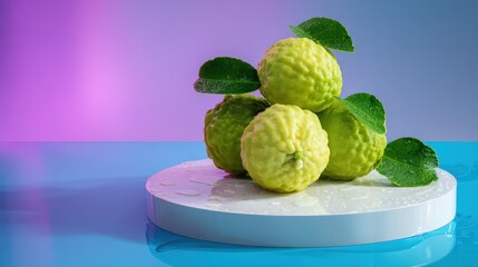 Fresh Kaffir Lime Fruits with Leaves on a White Round Platform Vibrant Purple and Blue Background