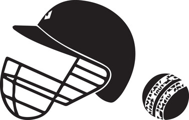 Cricket helmet and ball illustration in black silhouette style. Perfect for safety, equipment, match graphics, and sports designs. Great for logos, posters, and training material.