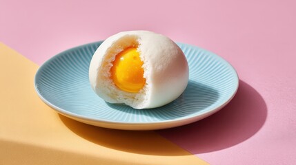 Delicious Salted Egg Yolk Bun on a Pastel Blue Plate a Sweet Treat Food