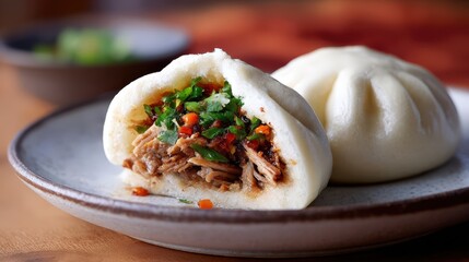 Delicious Steamed Buns Filled with Savory Pulled Pork and Spicy Sauce A Close Up Shot of Asian...