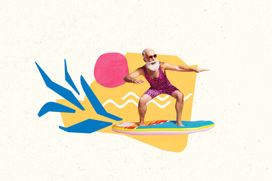 Composite 3D photo collage trend sketch of young man stand balance surfing beard glamour swimsuit tourist relax holiday trip summertime