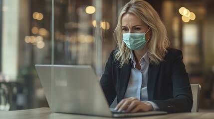 Professional woman wearing a face mask working on her laptop indoors