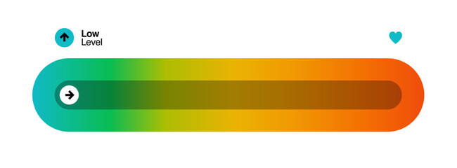 Colorful horizontal progress low level indicator. Gradient color transition from green to red. Arrow direction shows improvement or movement.