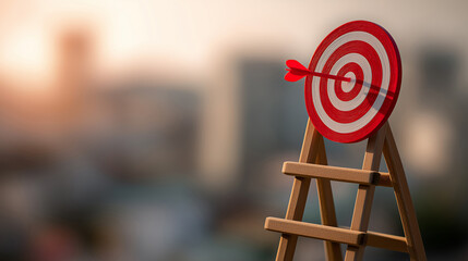 Bullseye Target on Top of Wooden Ladder, Strategic Goal Achievement Concept, Business Success and Precision Aim Visualization, Climbing to Reach High Objectives Metaphor